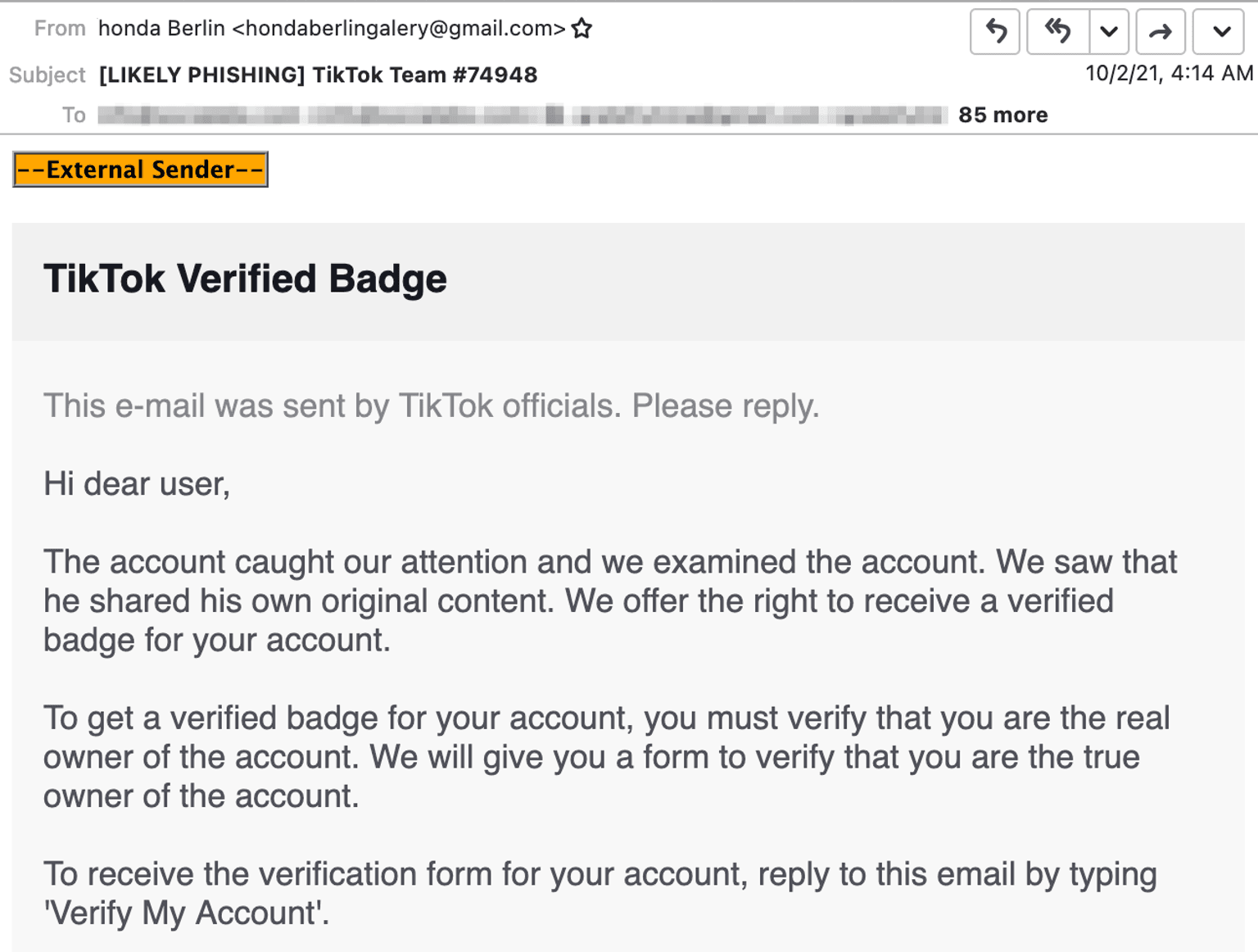 Tiktok phishing email for verified badge