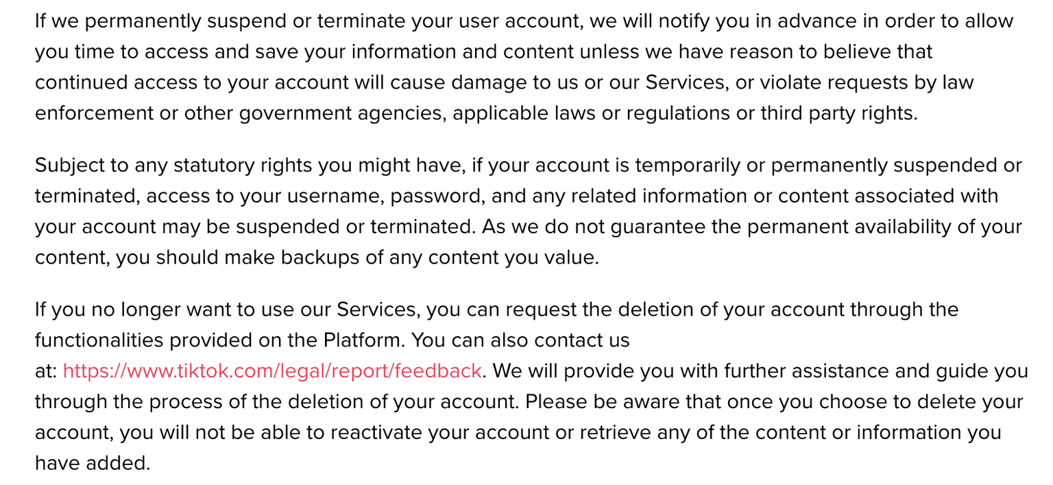 Tiktok terms of service confirming they bear no responsibility for lost accounts