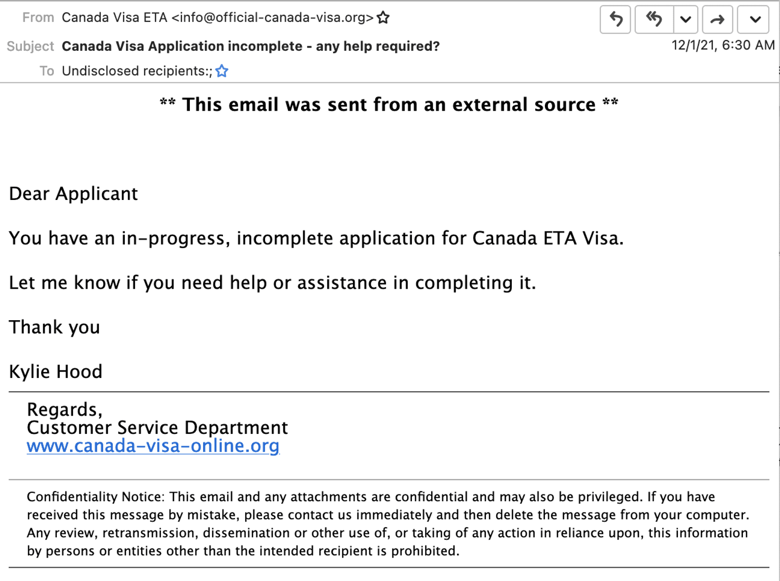 Canadian visa application phishing attempt email