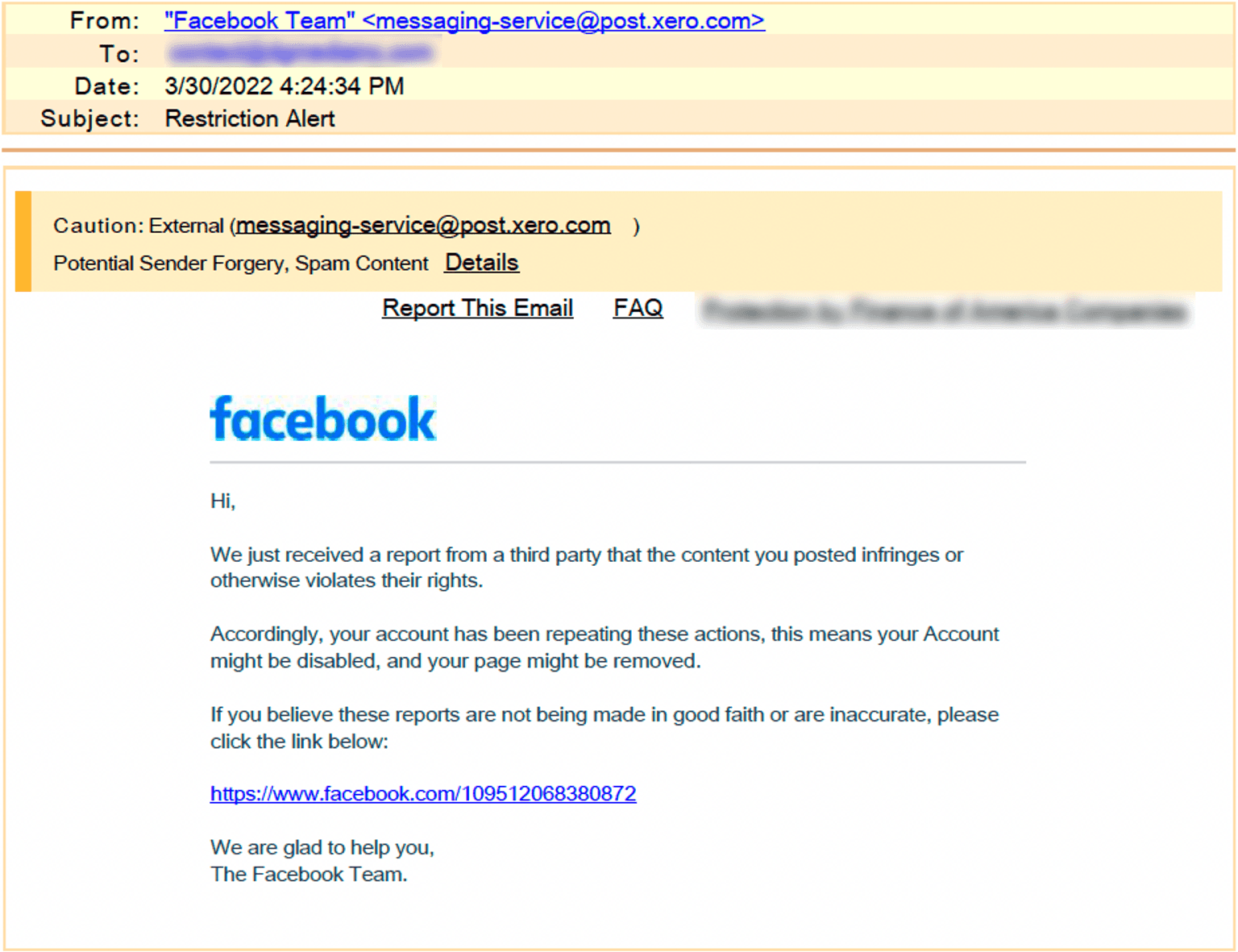 Facebook phishing email with redirect link