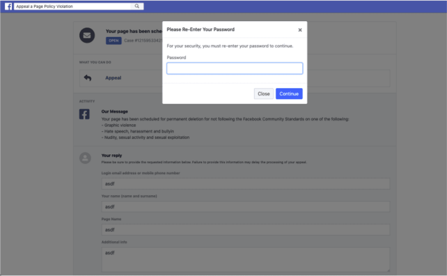 Fake Facebook page for credential phishing