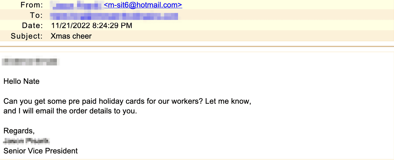 Holiday Email Threats Gift Card Scam