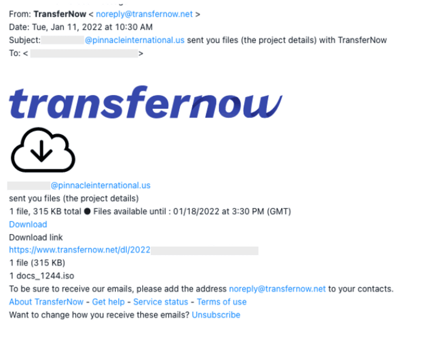 bazarloader email transfernow malware link