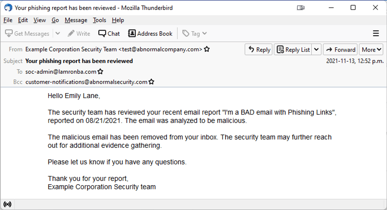 A sample response to a phishing report