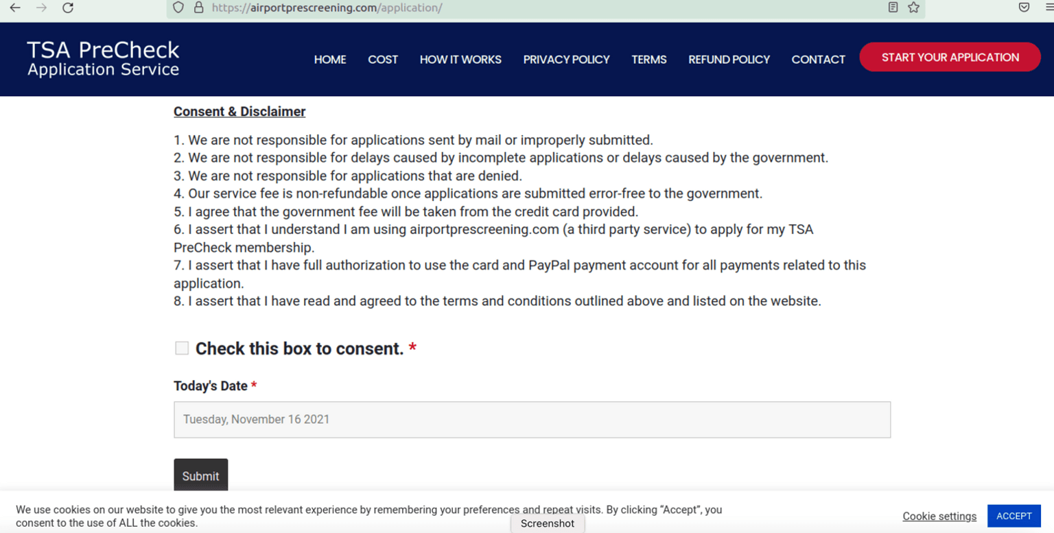 Tsa scam terms and conditions screen