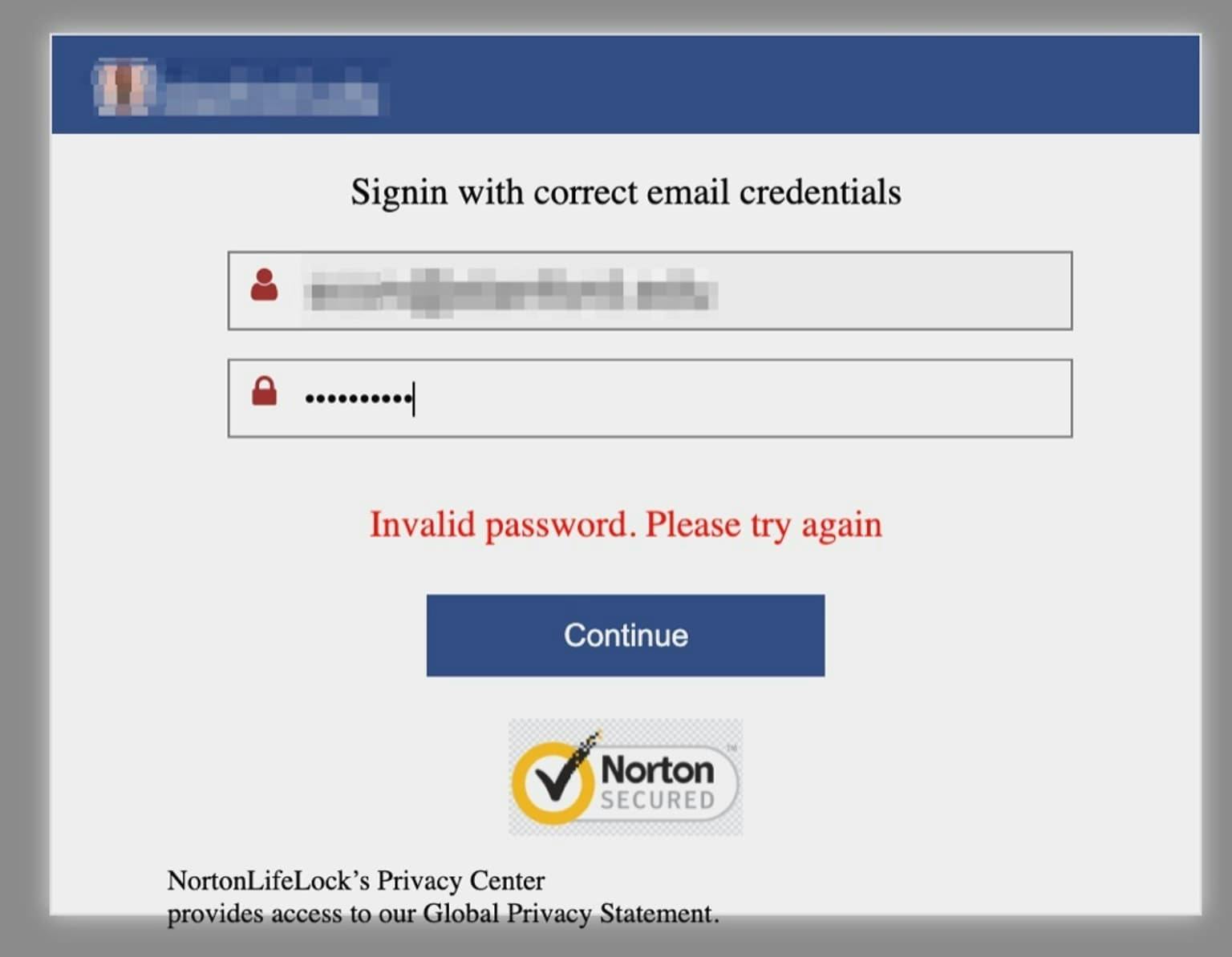 University support password invalid message