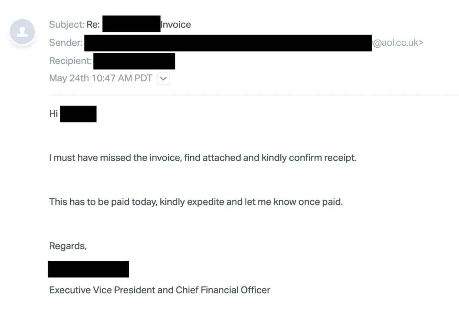 Executive impersonation whaling phishing email