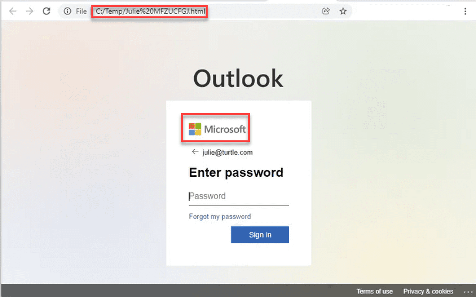 Example of a credential phishing page that emulates a Microsoft login page